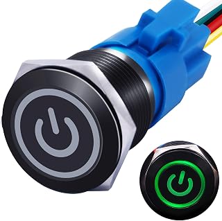 mxuteuk 19mm Waterproof Latching Push Button Switch 12V ON/Off Switch 1NO 1NC SPDT Black Metal with Green Power Symbol Light with Wire Suitable for 3/4" Mounting Hole for Car Marine RV L-19-POWER-B-G