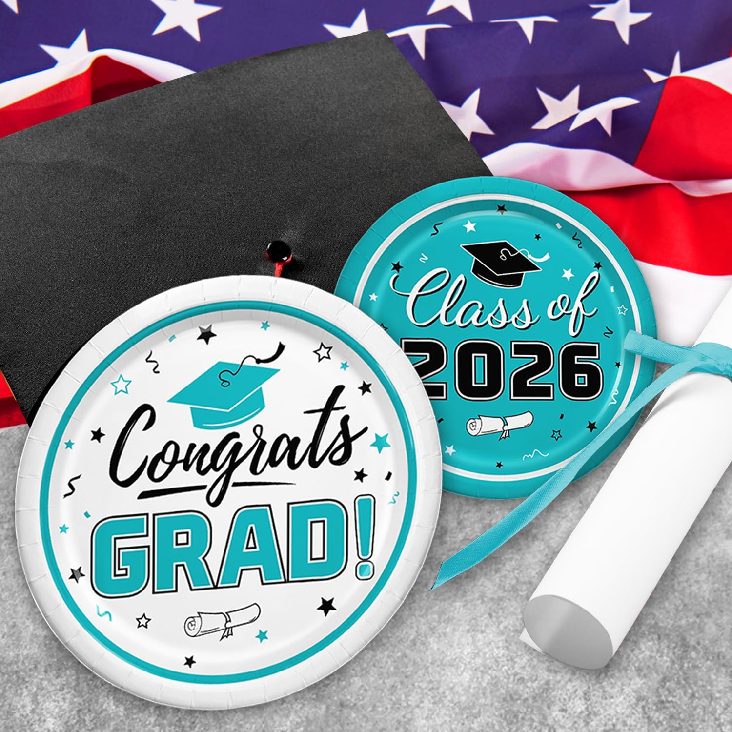 Graduation Teal Party Supplies Kit Graduation Dinner Plates Dessert Plates and Napkins for Congrats Grad Party Decorations, Serves 50