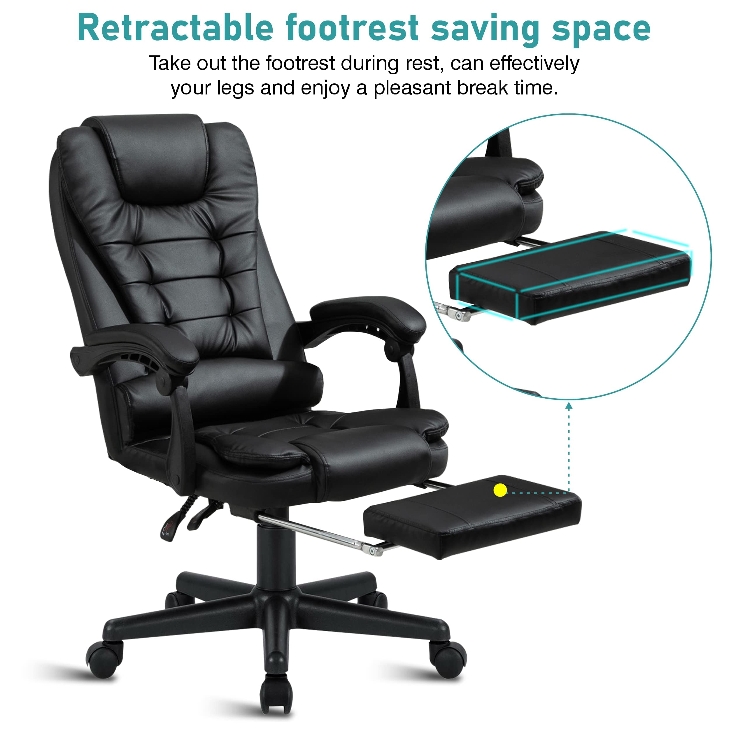 2 point Recliner Massage Office Chair Black, Executive Office Chair with Footrest, Swivel
