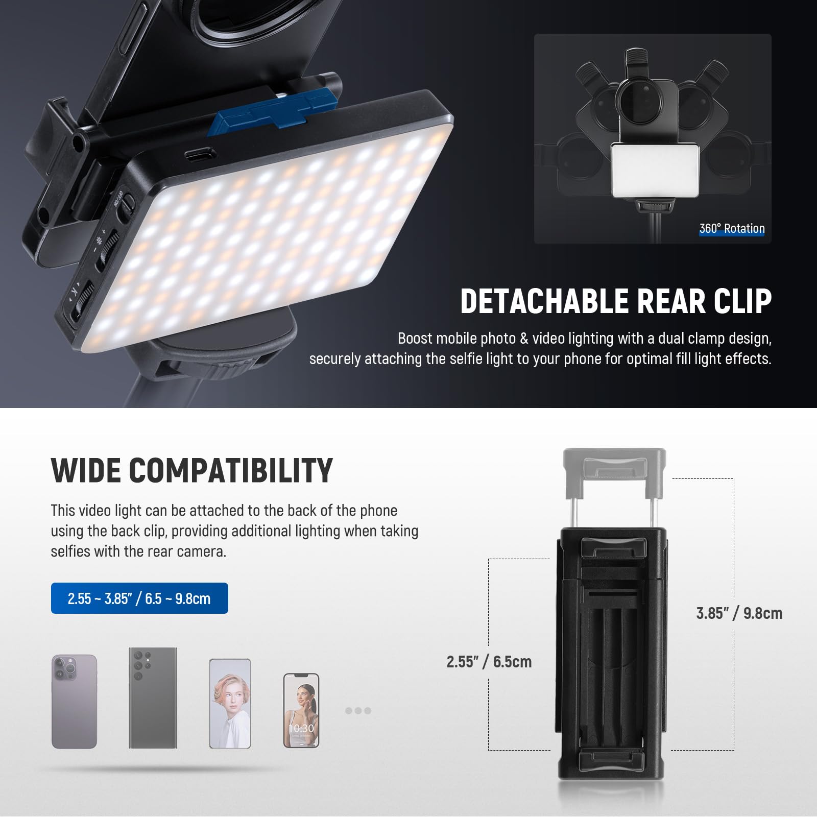 NEEWRE BASICS Luce Selfie LED & Tattoo Compatibile con iPhone, Luce a Clip con Filtro CPL/Treppiede/Portatelefono, Lampada di Riempimento per Fotografia Arte Cibo Gioielli, Registrazione Video,BL120B