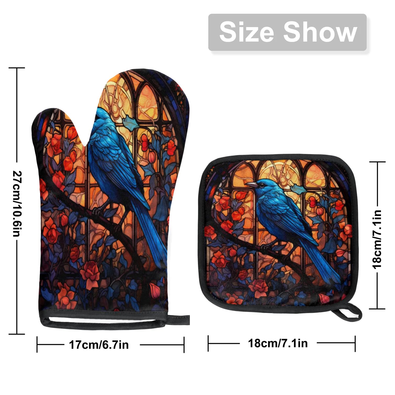 Window Flowers Bird Oven Mitts Kitchen Oven Gloves for Cooking Baking Heat Proof Lining Cotton Kitchen Potholder Mittens Pot Holders Hot Pads for Chef Women Men