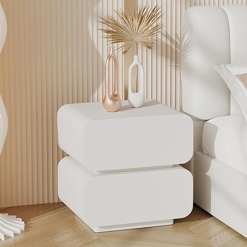 Miniatura 4 de Moderna mesita de noche, mesita de noche con 2 cajones, mesitas de noche minimalistas con cuero de microfibra, mesa auxiliar para sala de