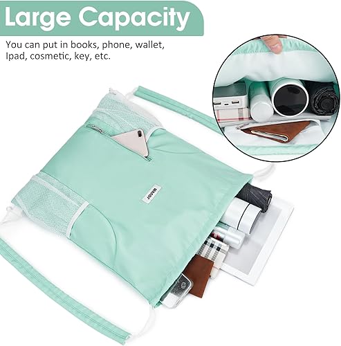 Miniatura 4 de WANDF Mochila con cordón y almohadilla para el hombro, mochila deportiva de gimnasio con bolsillo de malla para mujeres y hombres (verde menta)