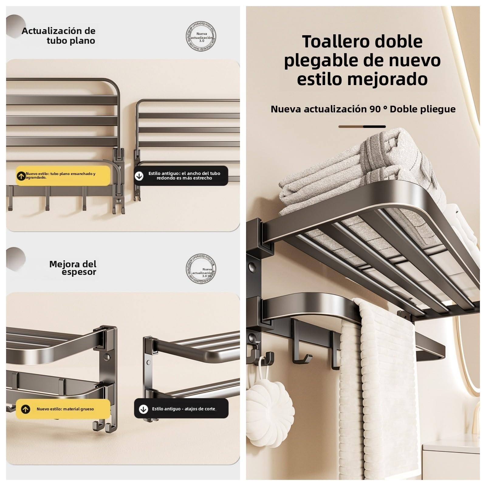 Toallero sin taladrar, toallero de baño Adhesivo, toallero de Pared con múltiples Ganchos, toallero de baño Cocina, 60 cm Gris