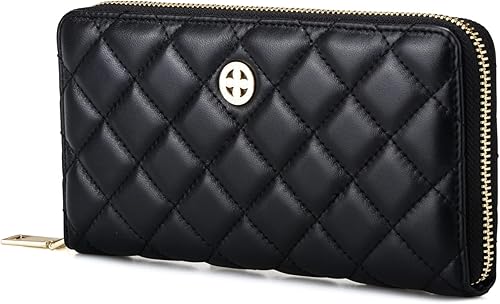 Cartera de cuero acolchada de lujo con cremallera larga de cuero negro con cremallera para tarjetas de crédito, cartera con cremallera alrededor de