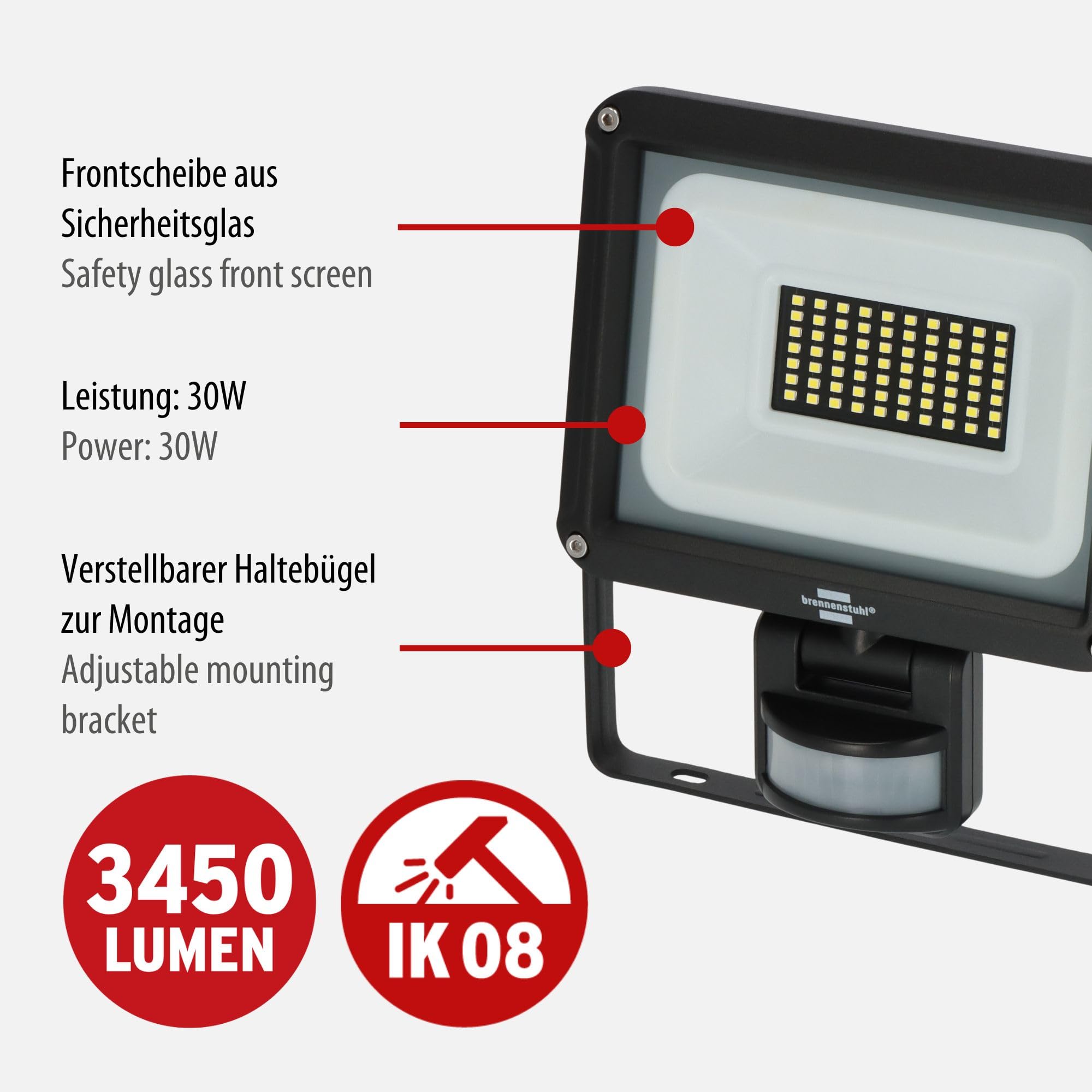 Brennenstuhl foco LED JARO 4060 P (proyector LED de pared para exteriores IP65, 30W, 3450lm, 6500K, con detector de movimiento y sensor crepuscular) | Foco LED de pared para exterior, IP65, 3450 lm, 6500 K, con detector de movimiento y sensor crepuscular