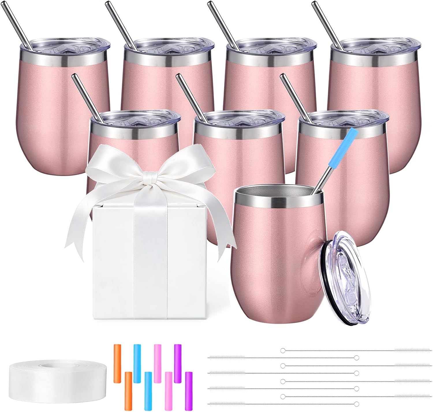 ColorSub 8 Pack 12oz Sublimation Wine Tumblers, Stainless Steel Double Wall Sublimation Blanks Wine Cups with Lids & Straws, Silicone Straw Tips, Gift Box, Rose Gold