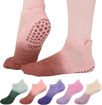 5 Pairs Womens Pilates Yoga Socks with Grips Low Cut Ankle Socks | Gradient Color Design, Full Anti Slip Silicone Grips, Heel Tab Prevent Slip Off, Suitable for Ballet Dance Indoor