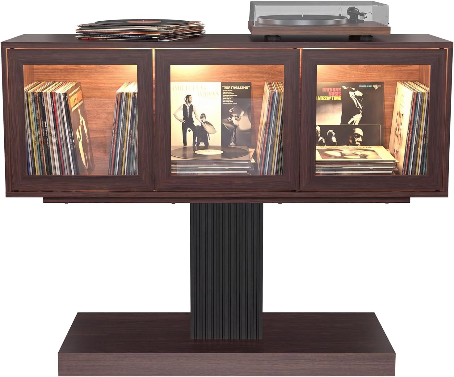 Record Player Stand with Vinyl Record Storage, Glass Door Display with LED