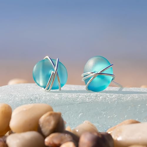Miniatura 14 de Sea Glass Earrings S990 Sterling Silver Hypoallergenic Handmade Stud Post Earrings Beach Glass Fashion Statement Handcraft Jewelry for Women Girls