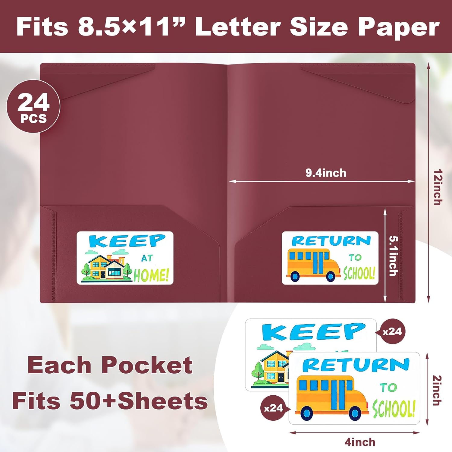 Henoyso 24 Pack Take Home Folders with 2 Pockets and Tabs, Plastic Classroom Communication Homework Folder School-to-Home with Clear Front Pocket for Students Parent Teacher Connector (Burgundy)