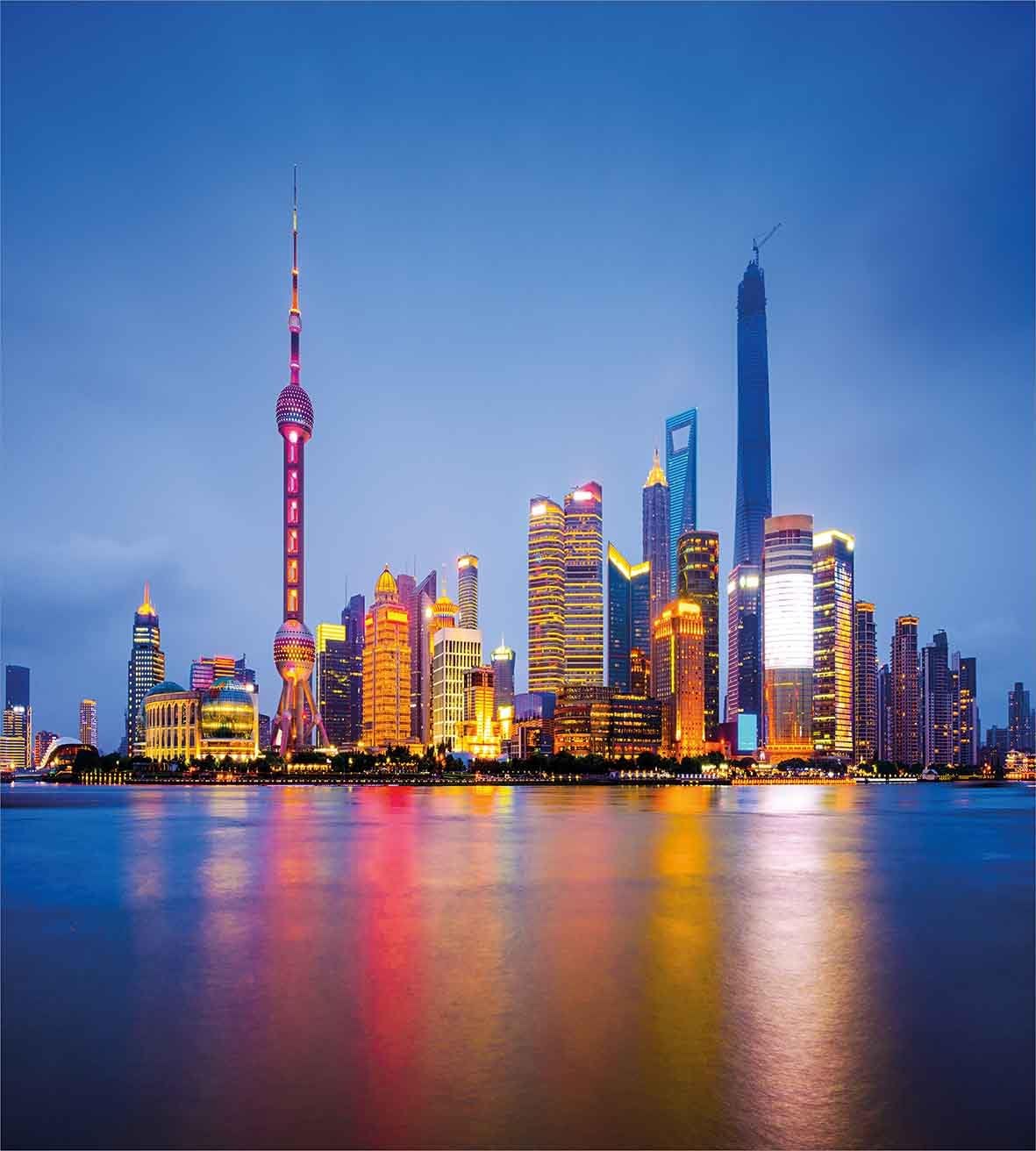 Ambesonne Urban Duvet Cover Set, City Skyline of Shanghai China on Huangpu River Dusk Famous Travel Destination, Decorative 3 Piece Bedding Set with 2 Pillow Shams, Queen Size, Blue Pink Yellow