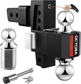 Adjustable Trailer Hitch Ball Mount Fits 2-Inch Receiver & 6" Drop/Rise | Aluminum Tow Hitch with Triple Balls 1-7/8", 2", 2-5/16" & Double Anti-Theft Locks - 12,500 LBS GTW for Truck SUV