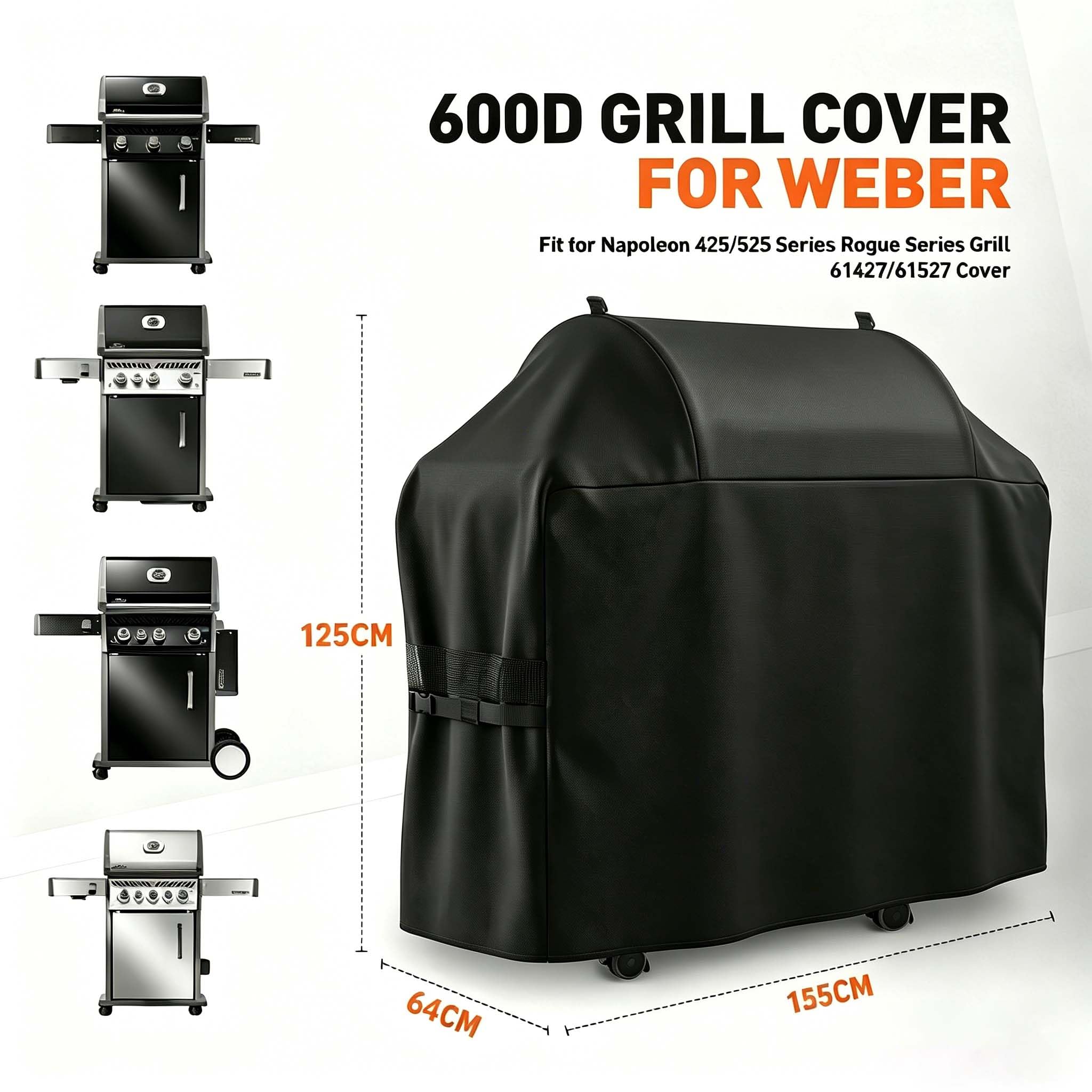 600D Grillabdeckung für Napoleon 425/525 Serie Rogue 61427/61527, wasserdichte & UV-beständige Gasgrillabdeckung, Reißfest Outdoor Grillabdeckung, Schwarz (155x64x125cm)