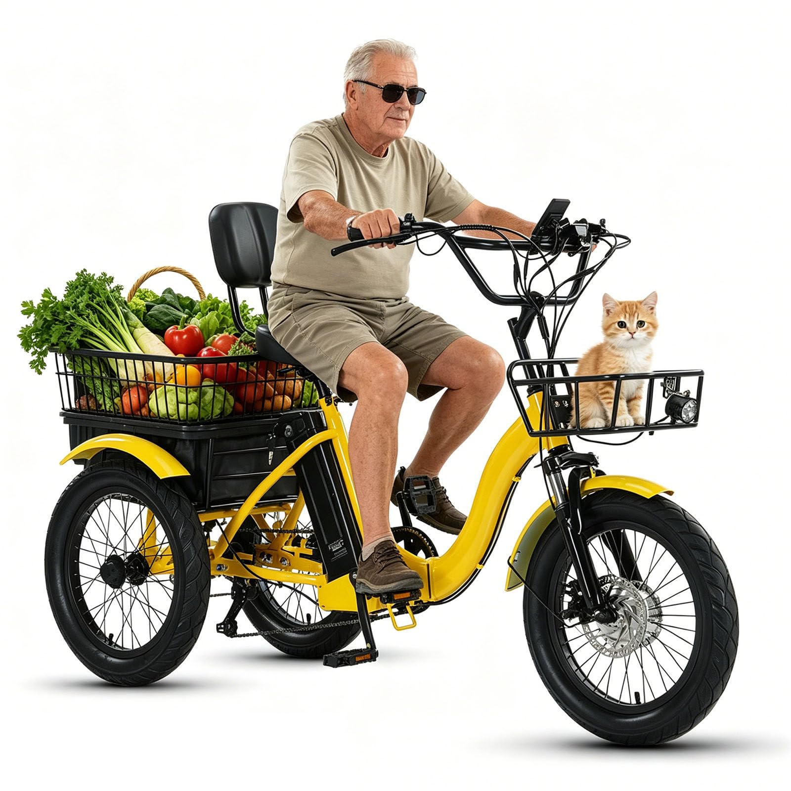 LTdlhFk Fat Tire Electric Tricycle for Adults,18" Foldable E-Trike with Rear Shopping Basket(Load Capacity 30 Kg),Display Screen + Headlamp,For Travel and Shopping Yellow