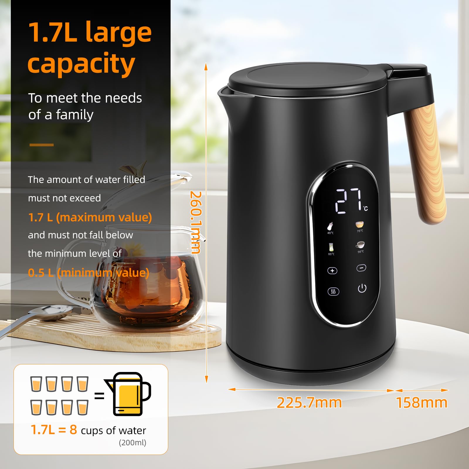 Image secondaire de Bouilloire Électrique Carehabi Inox 1.7L avec Température Réglable et Grand Écran Numérique