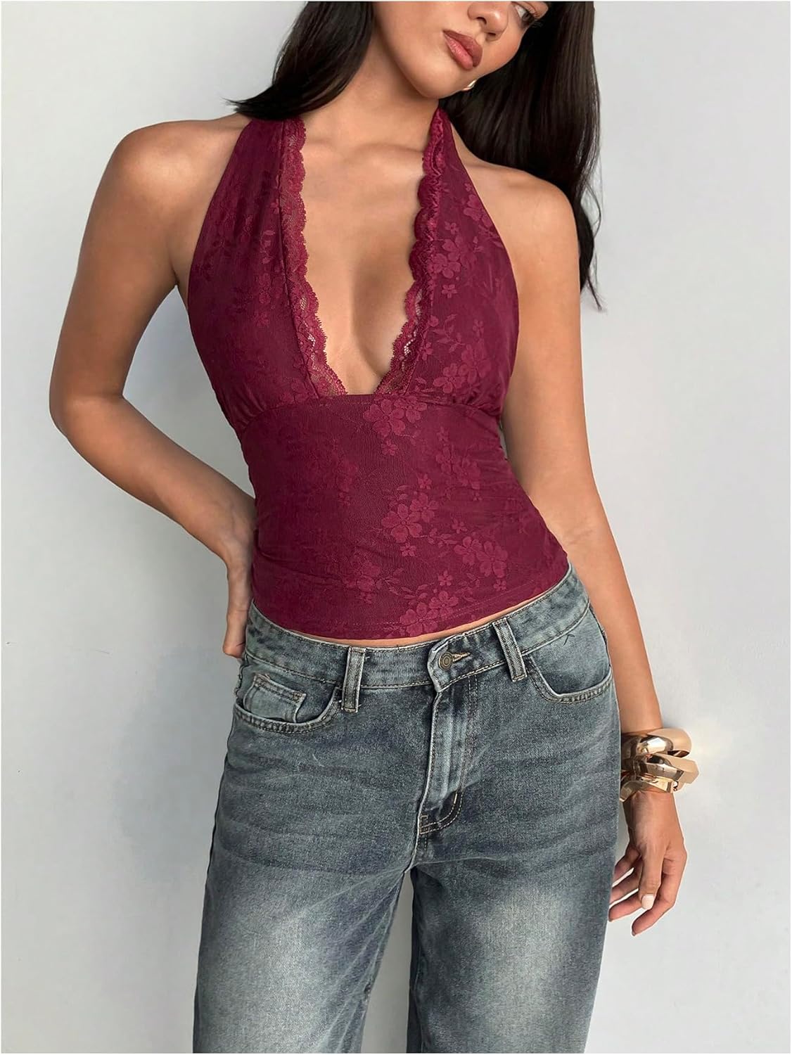 Milumia Women's Floral Lace Deep V Neck Halter Top Sexy Tie Backless Going Out Tank Tops - Image 3