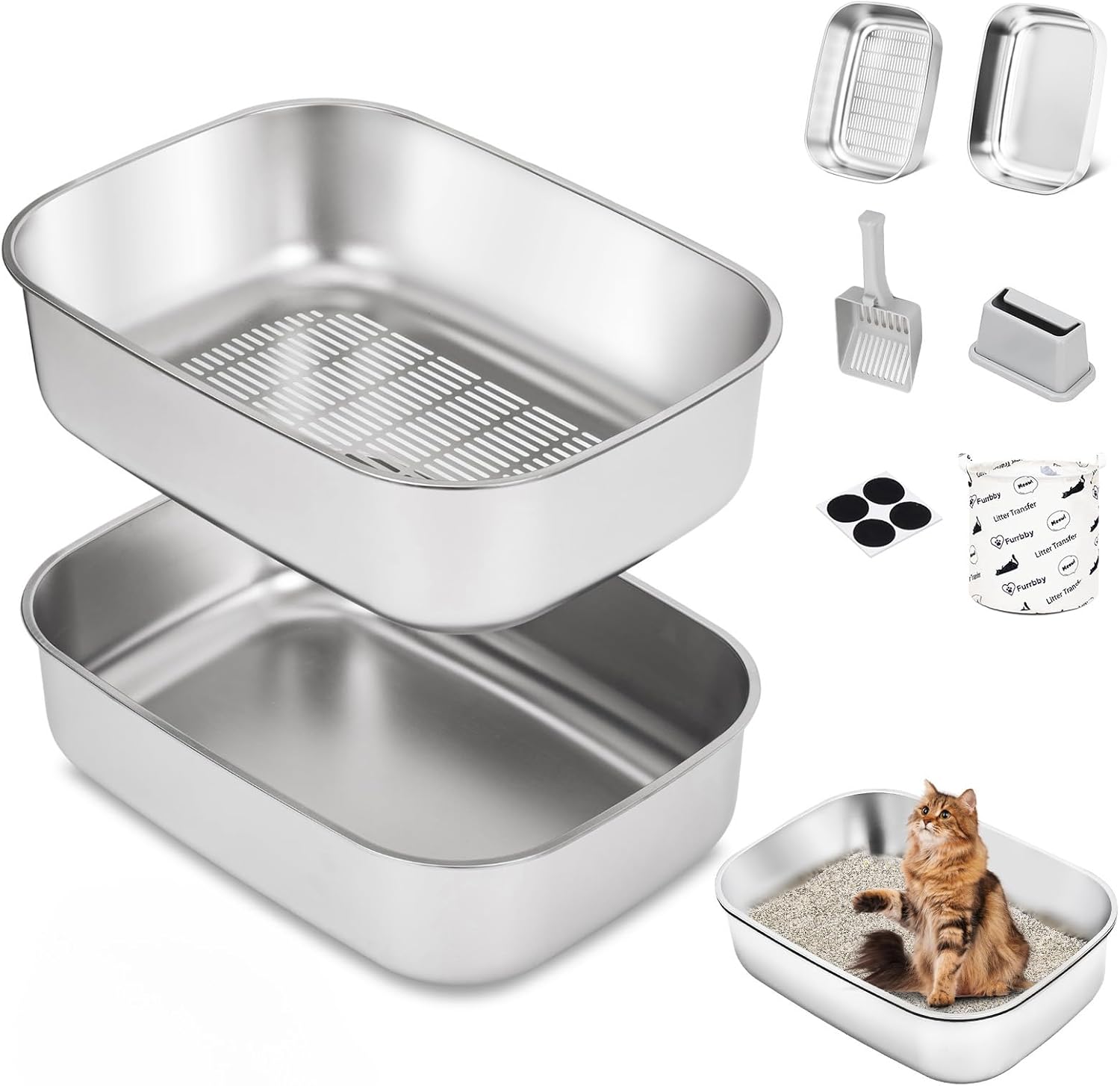 Stainless Steel Sifting Litter Box with Lid, Metal Litter Pan with Scoop for Big Cats Multi Cat, Extra Large Cats Litterbox Odor Control, Easy Clean 22.8*16.1*6.5inch-Without Enclosure X-Large