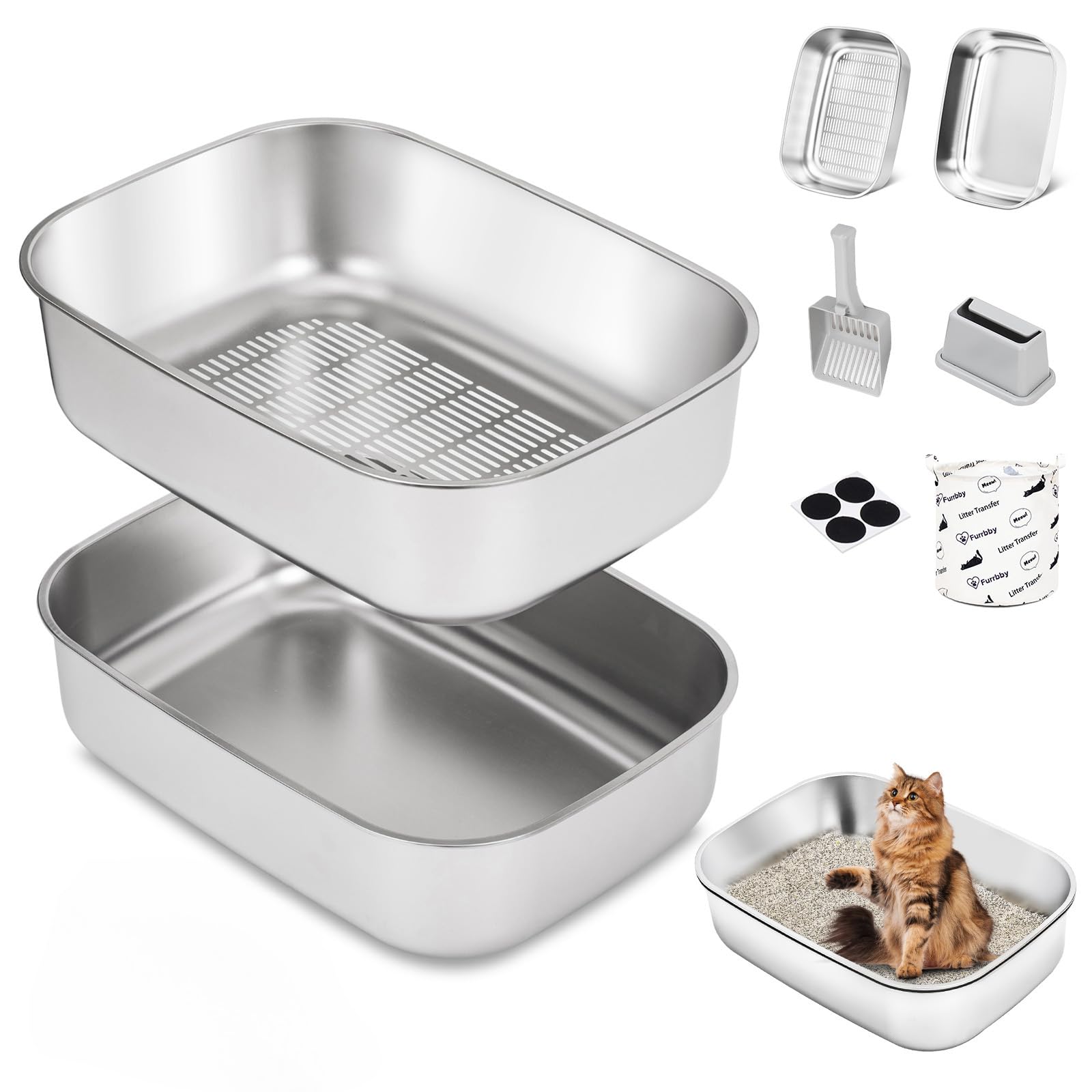 Stainless Steel Sifting Litter Box with Lid, Metal Litter Pan with Scoop for Big Cats Multi Cat, Extra Large Cats Litterbox Odor Control Easy Clean (22.8 * 16.1 * 6.5inch-Without Enclosure, X-Large)