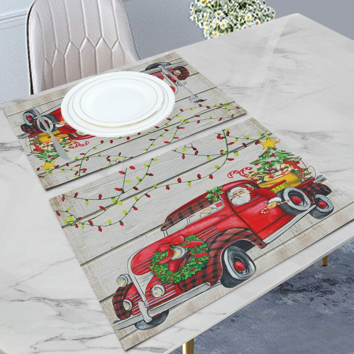 Black Friday 🔥 Oarencol Vintage Christmas Truck Santa Tree Gift Xmas Wooden Red Car Placemats Table Mats Set of 4, Heat-Resistant Washable Clean Kitchen Place Mats for Dining Table Decoration