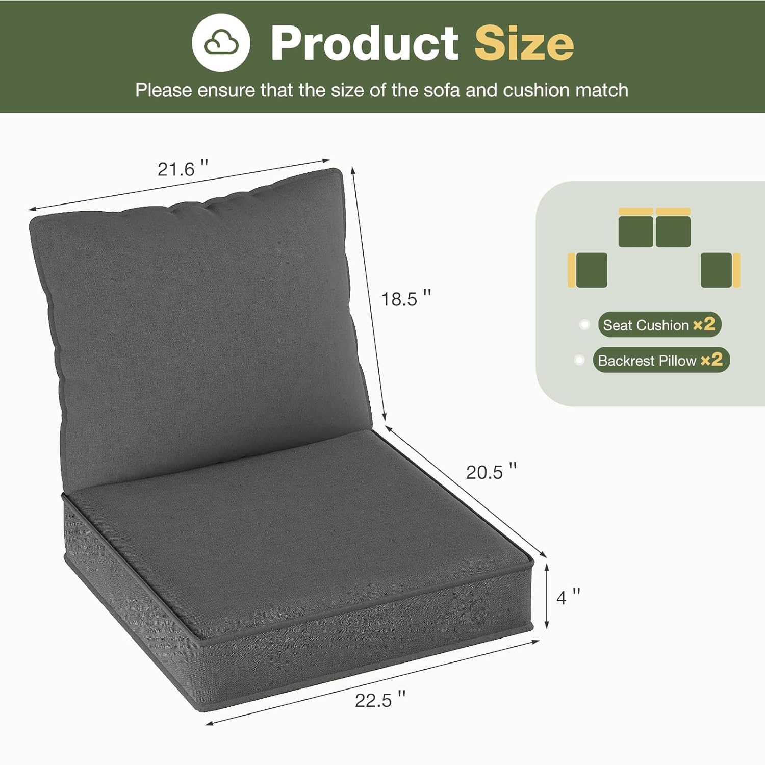 Aoxun Replacement Cushions for Outdoor Furniture, 4-Piece Outdoor Cushions for Patio Furniture, Deep Seat, Waterproof & Fade Resistant Couch Cushion for 4-Seat Patio Conversation Sets, Grey