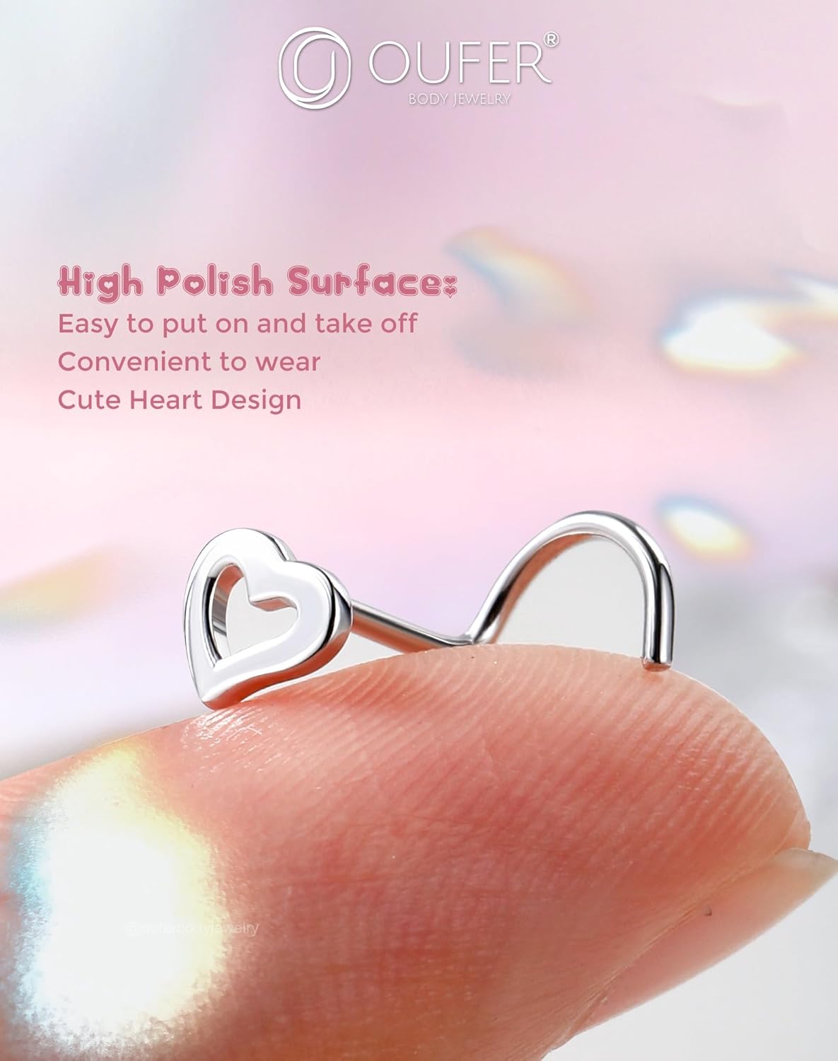 OUFER Heart Nose Rings Studs, 925 Sterling Silver L-shaped Nose Piercing Jewelry for Women Men, 20G Nostril Jewelry-7mm - Image 5