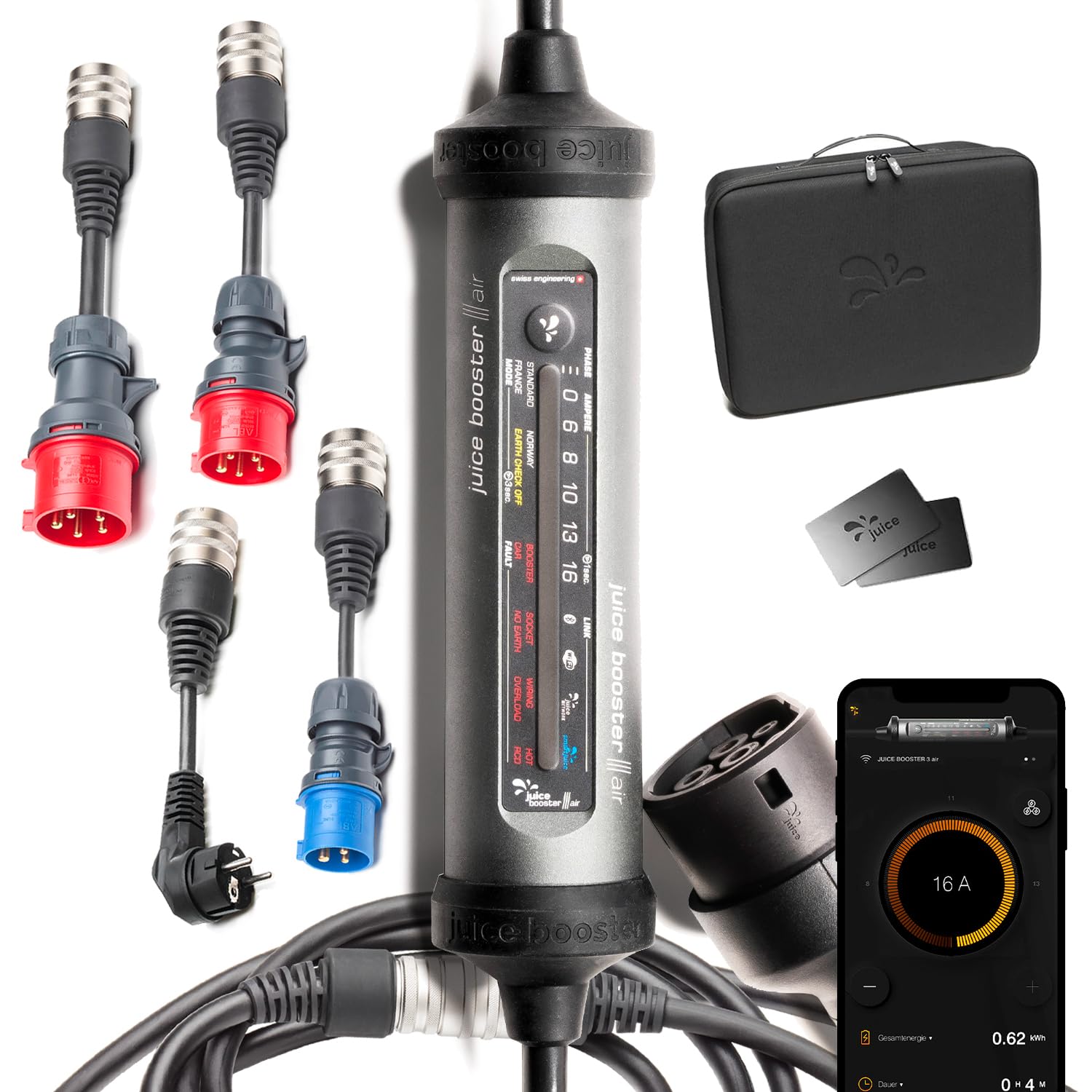 Juice Booster 3 Air Traveller Set, Mobile Wallbox 11Kw Con App, Caricabatterie Auto Elettrica Con Cavo Ricarica Auto Elettrica Tipo 2, Include 3 Adattatori Cee 32/16 1-3 Fasi + Eu Schuko - 4