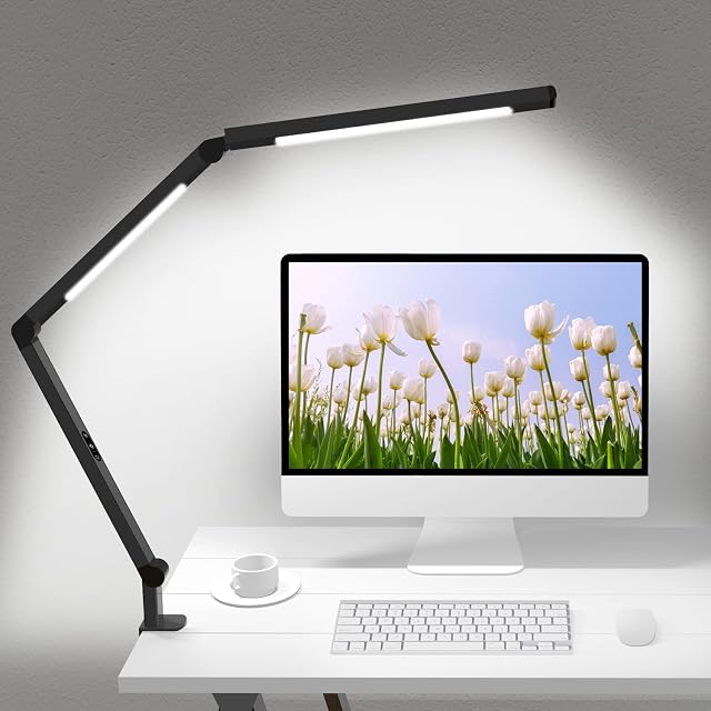 LED Desk Lamp with Clamp, Architect Desk Lamp with Dual Light and Adjustable Swing Arm, Clip-on Eye-Care 4 CCT Modes & 5 Brightness Levels Table Light Modern Desk Light for Dorm Home Office