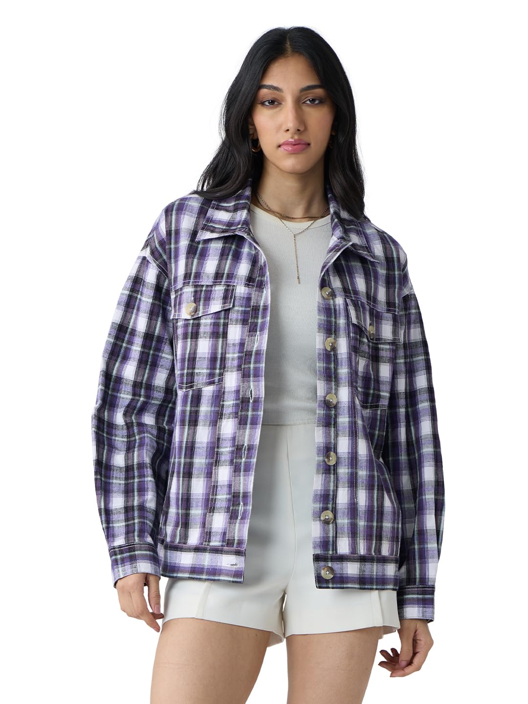 the souled store Plaid Shacket: Morocco Women and Girls Long Sleeves Collared Neck Button Front Purple Oversized Cotton Shackets-picture-28