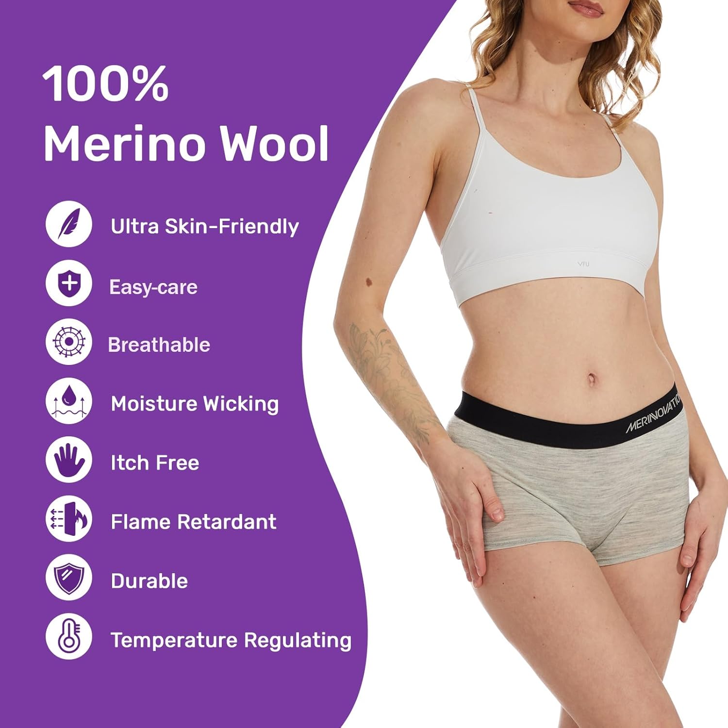 MERINNOVATION 100% Merino Wool Boxer Briefs for Women - 2 Packs Everyday Breathable Anti-Odor Womens Boyshorts Underwear - Image 3