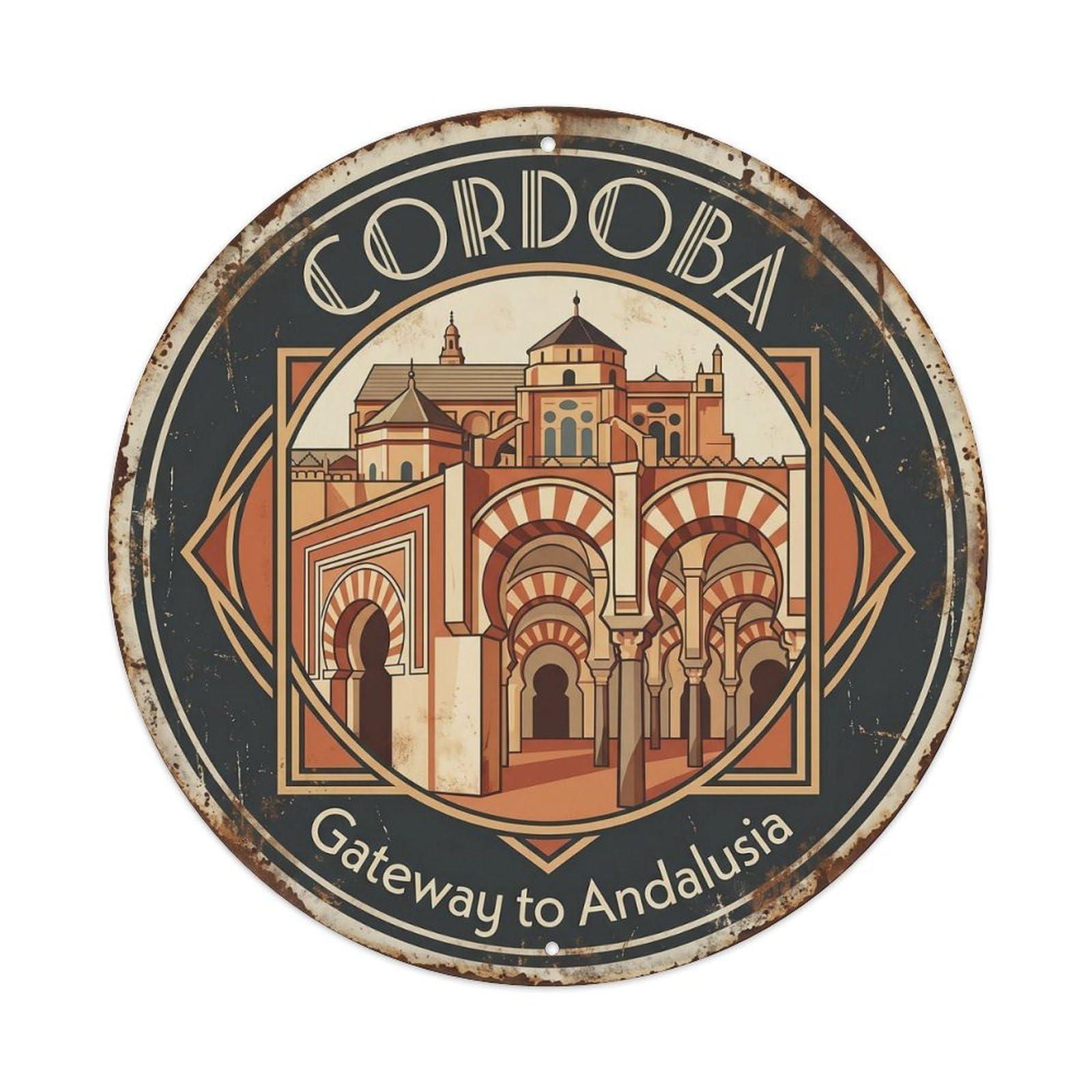 Vintage Travel Cordoba Cathedral Andalusia Metal Tin Sign Plaque Wall Decor for Cafe, Club, Garden Round Metal Poster 8x8Inch