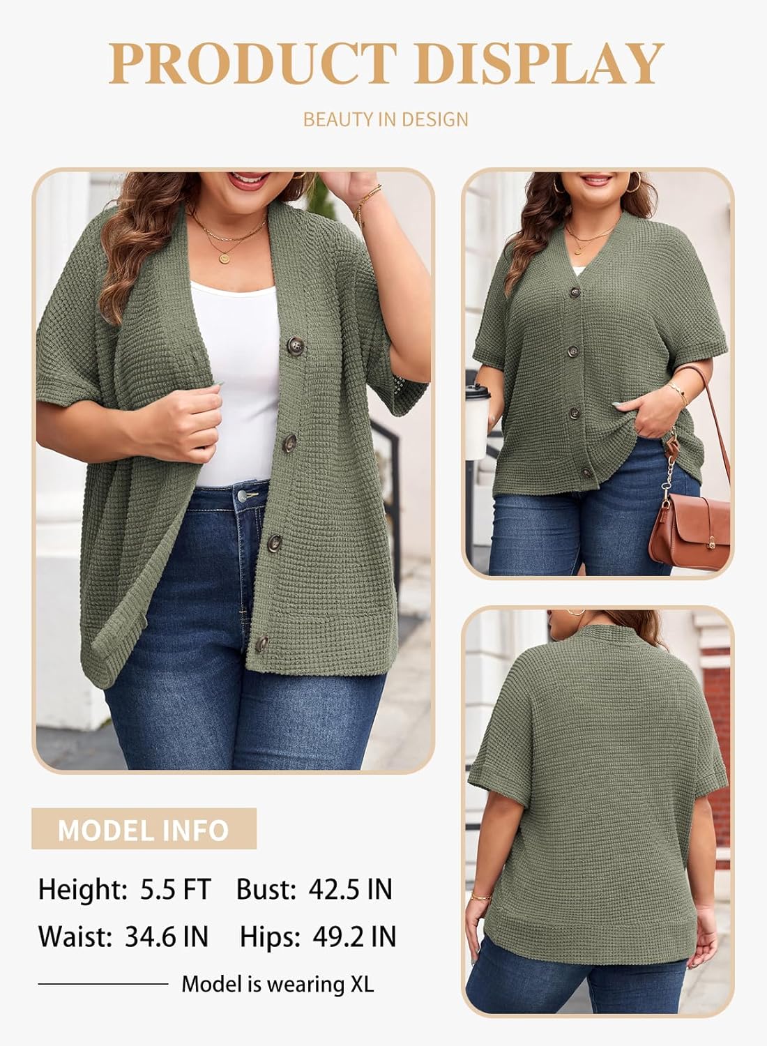 Eytino Womens Plus Size Tops Casual V Neck Short Sleeve Waffle Knit Button Down Shirts(1X-5X) - Image 3