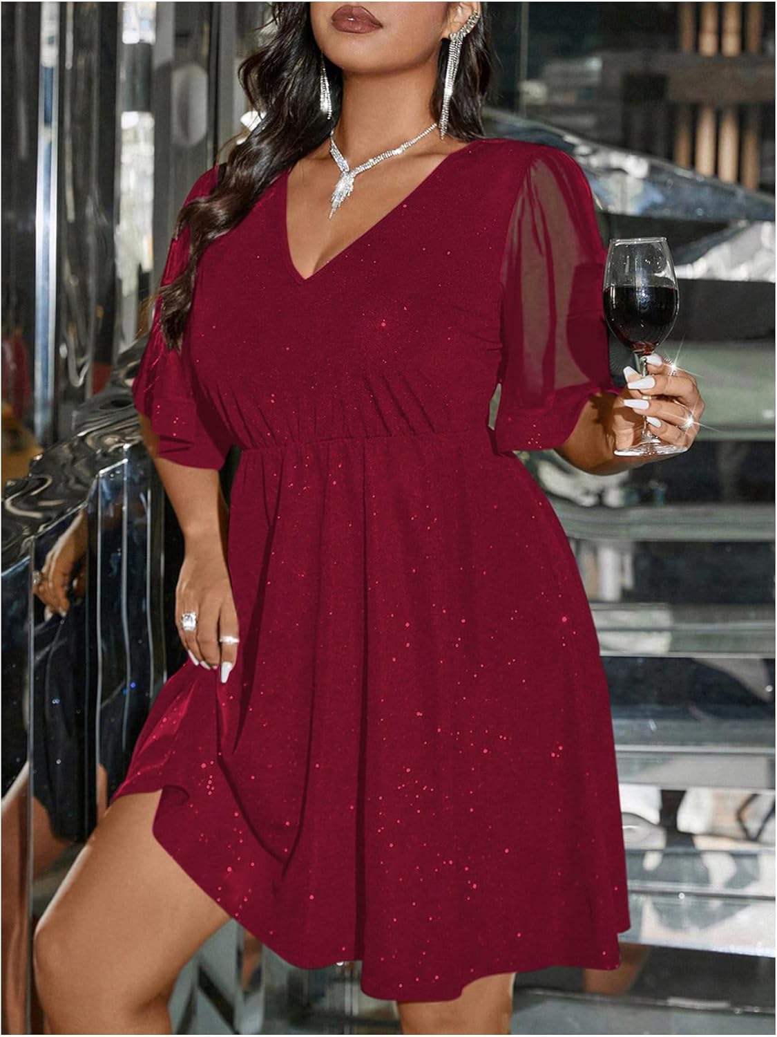 Floerns Women's Plus Size Contrast Mesh Half Flounce Sleeve V Neck Glitter Flared Hem A Line Dress - Image 4