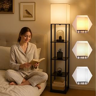 HOMIFLY 5 Tier Metal Floor Lamp with Wooden Shelves/Square Lamp with 3 Adjustable Color Mode/Corner Display Book & Vase Sh... Price In India