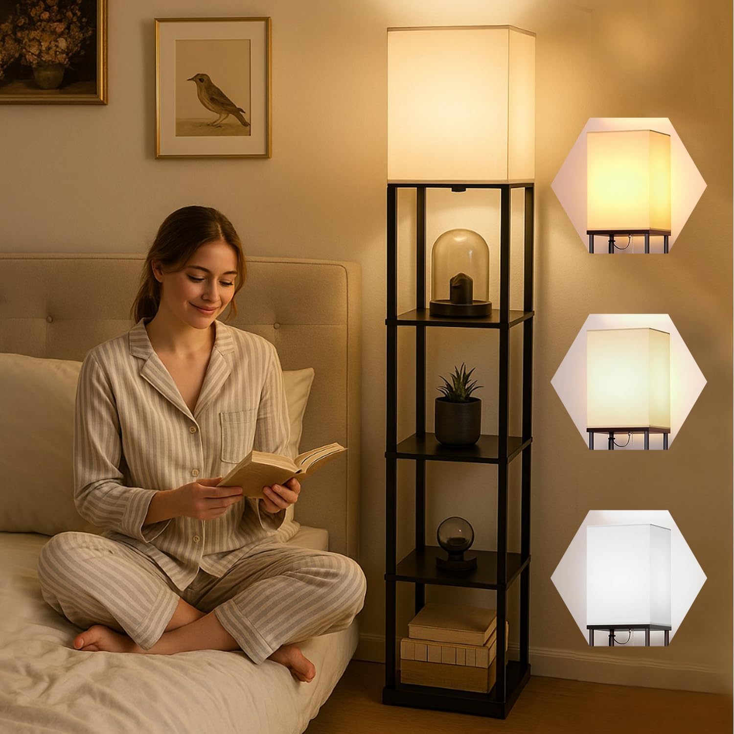 5 Tier Metal Floor Lamp with Wooden Shelves/Square Lamp with 3 Adjustable Color Mode/Corner Display Book & Vase Shelf/Standing Night Lamps for Living-Study Room/Home Decor/Bedroom(Black)