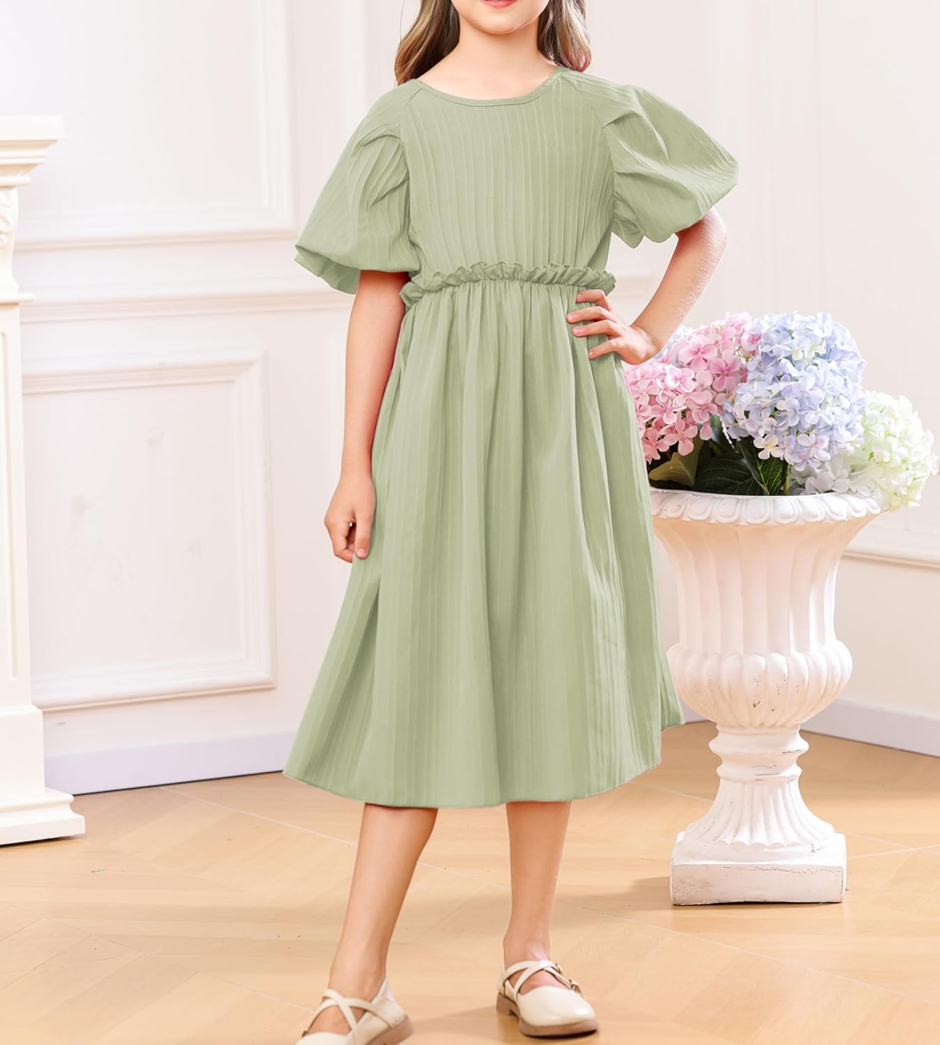 Girls Summer Dresses Round Neck Puff Sleeve Ruffle Elastic Waist A Line Midi for Party Dress and Prom Ball Gown