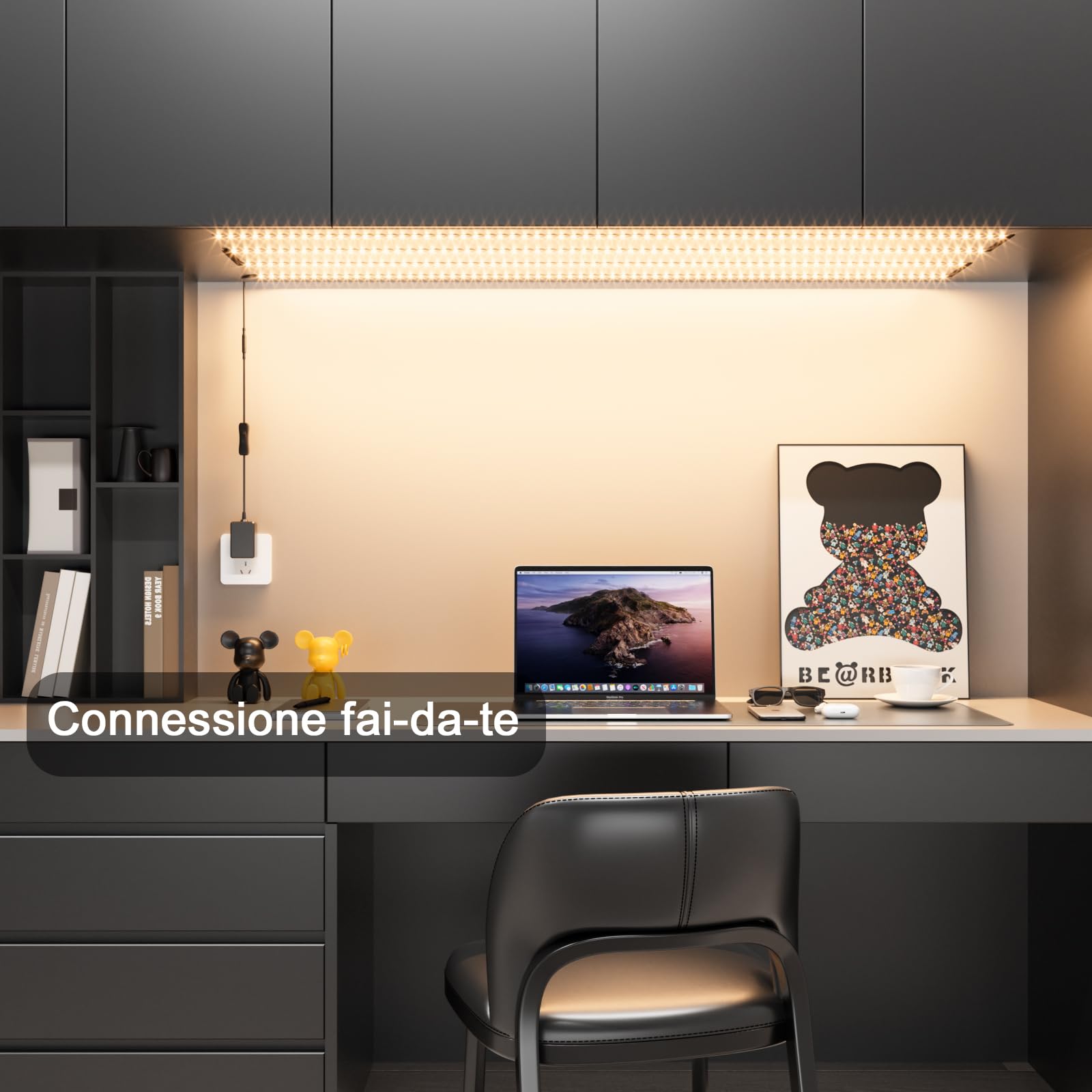 WOBANE Striscia Led Cucina Sottopensile 2 metri, 4X50cm Strisce Led Adesiva per Cucina con Interruttore e Spina, 1200LM Illuminazione Sotto Pensile per Vetrine,Scrivania,TV,Bianco Naturale 4000K,Nero