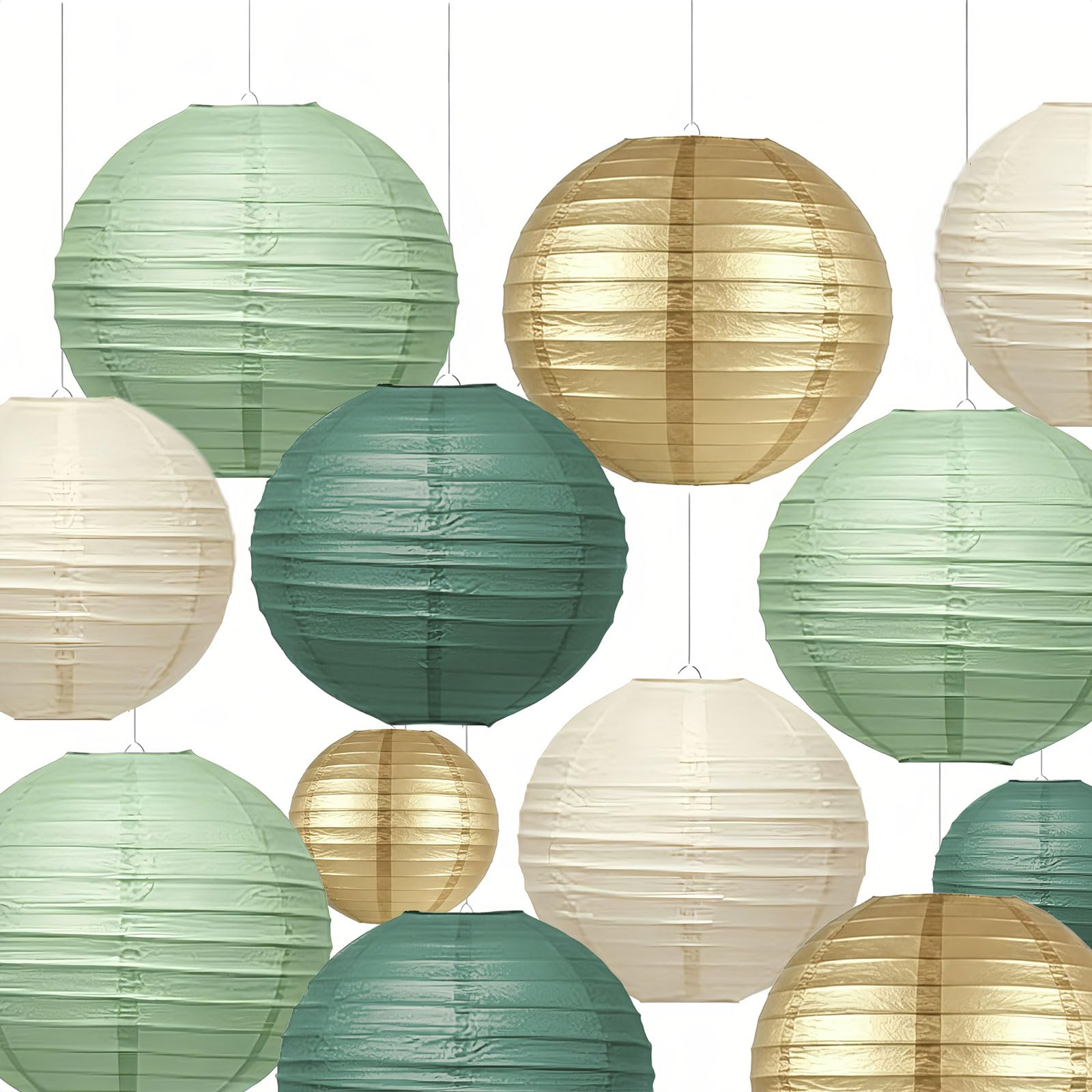 Vsosfiza Paper Lanterns, 12Pcs Hanging Lantern Decorations, Grey Green Bean Green Cream White Gold Round Paper Lanterns for Wedding, Birthday & Camping Decor
