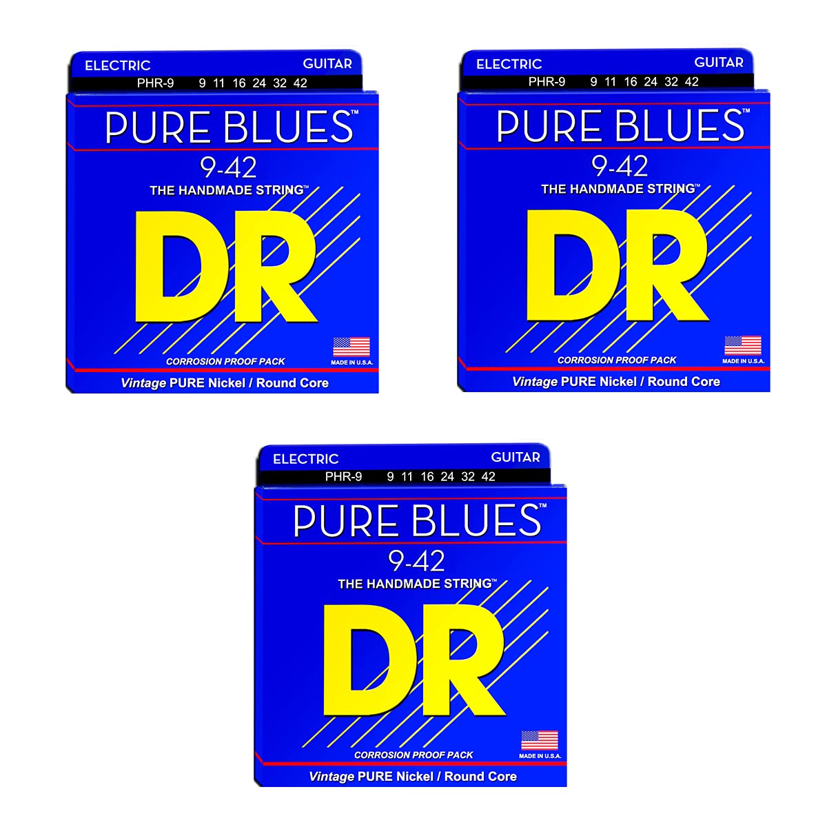 DR Strings DR-PHR-9 - Pure Blues Electric Guitar Strings, 009-042, 3-pack, Nickel