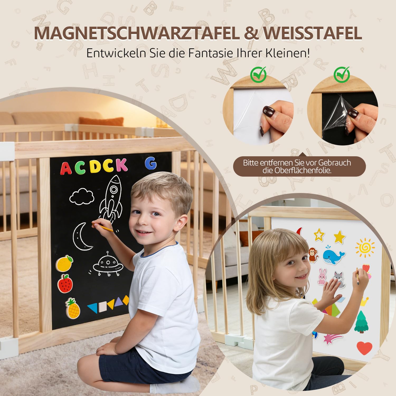 Laufstall Baby Holz, Faltbares XL Laufgitter mit Tür, Verstellbare Groß & Form, Montessori Aktivitätsspielzeug, Schneller Aufbau, Sicherer Spielbereich für Babys und Kleinkinder (1–3 Jahre)