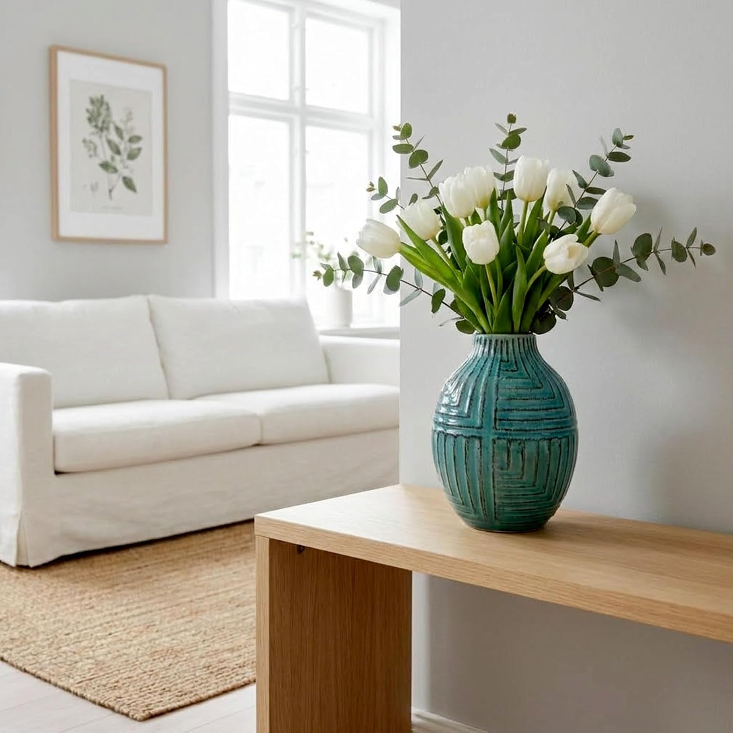 hjn hjn Teal Hand-Glazed Ceramic Vase - 5.7" H Modern Decorative Centerpiece Vase for Fresh/Dried Flowers, Home Decor for Living Room Bookshelf Mantel | Wedding Housewarming Gift
