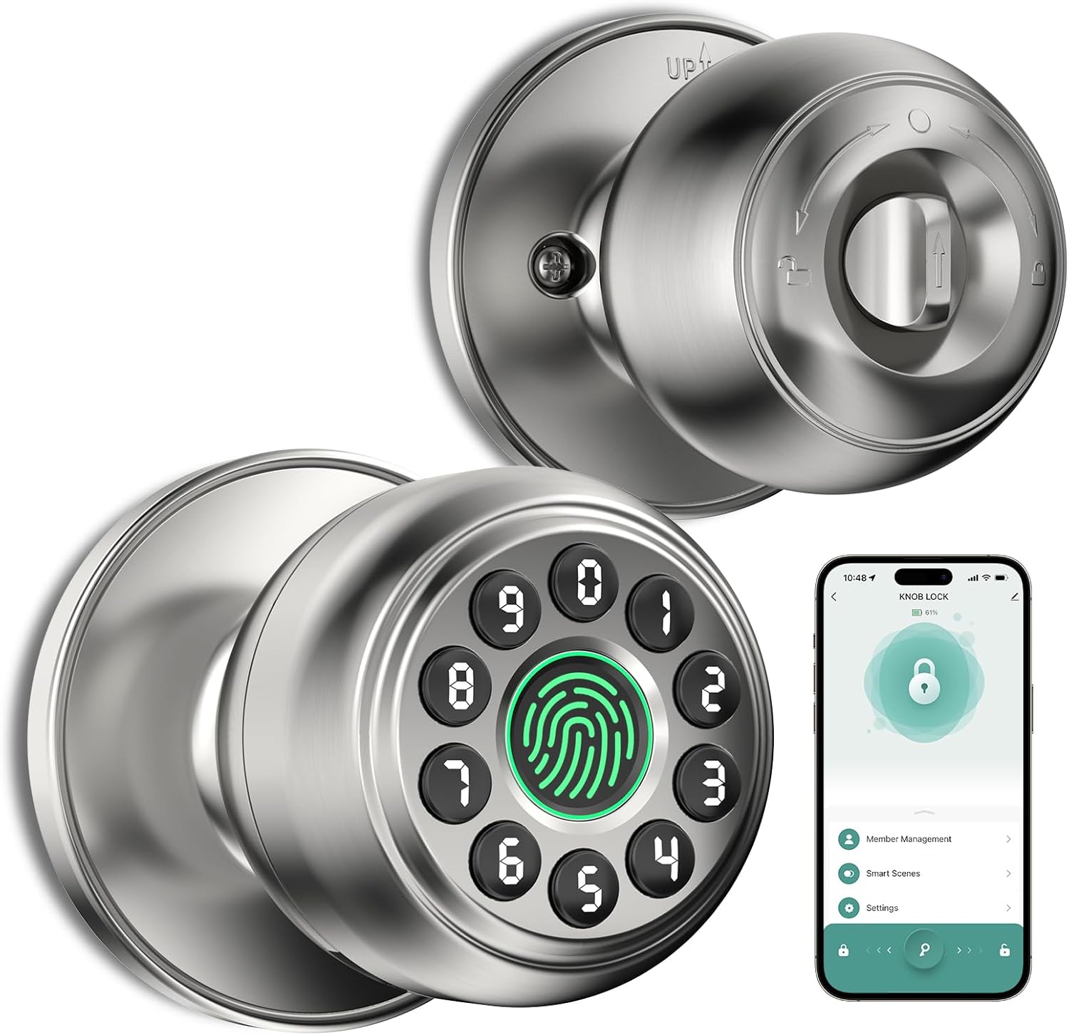 Fingerprint Door Lock，Fingerprint and Keypad Input Smart Door knob, App Controlled Biometric Door Lock, Keyless Entry, Bedroom, Office, Hotel, Apartment Auto Door knob (Satin Nickel)