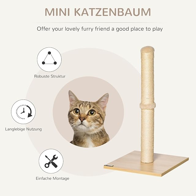 Foto 3 de 8 de PawHut Rascador 60cm para Gatos hasta 5kg Cuerda de sisal Beige+Roble