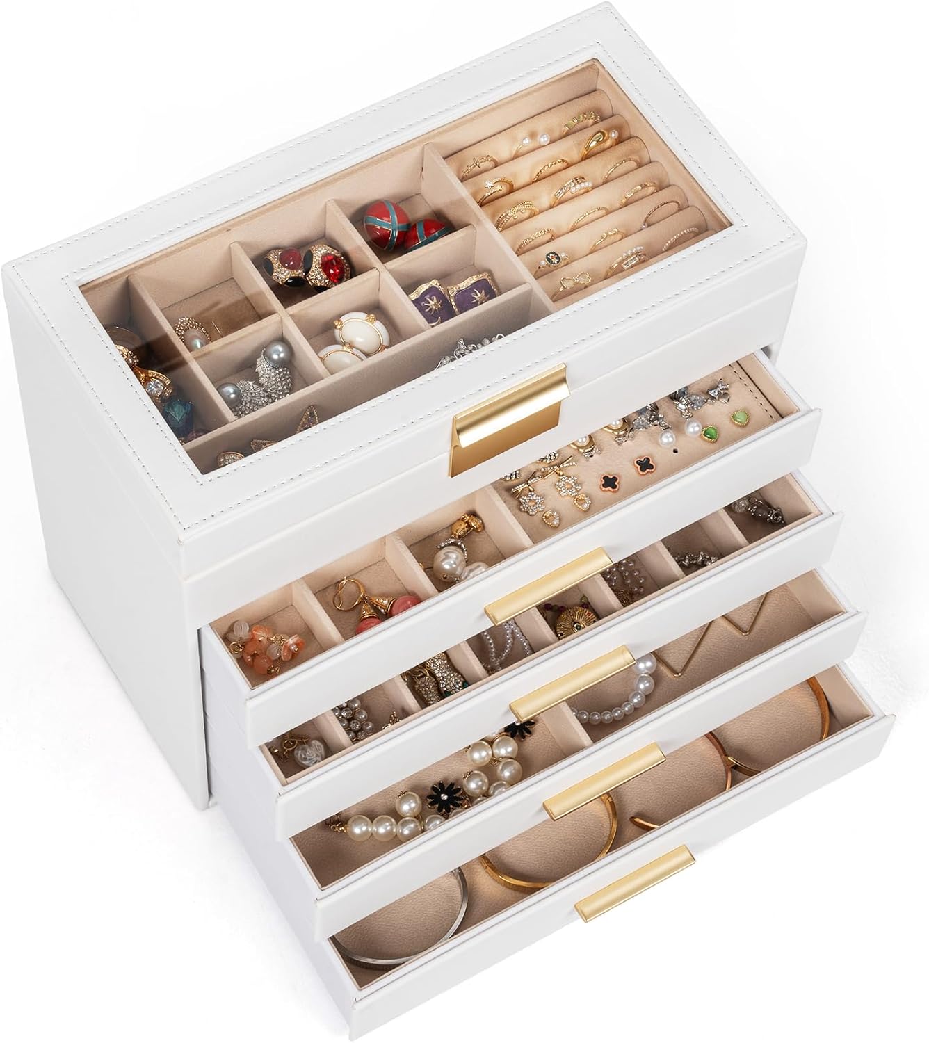 AKOZLIN 5-Tier Jewelry Box with Clear Glass Lid Functional Leather Jewelry Storage Organizer Case 4 Drawers for Women Girls Necklace Ring Bracelet Earring 5-Layer White-Gold