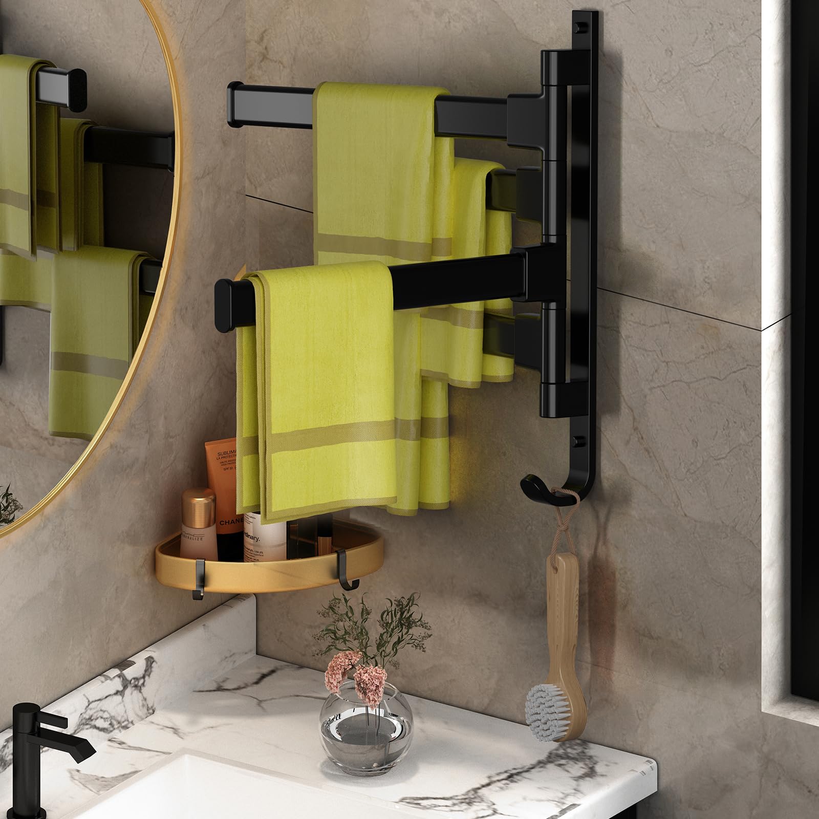 Swivel Towel Rack, 4 Arm Wall Mounted Towel Bars with Hook Space Saving Towel Bars for Bathroom Kitchen (Black, Square)