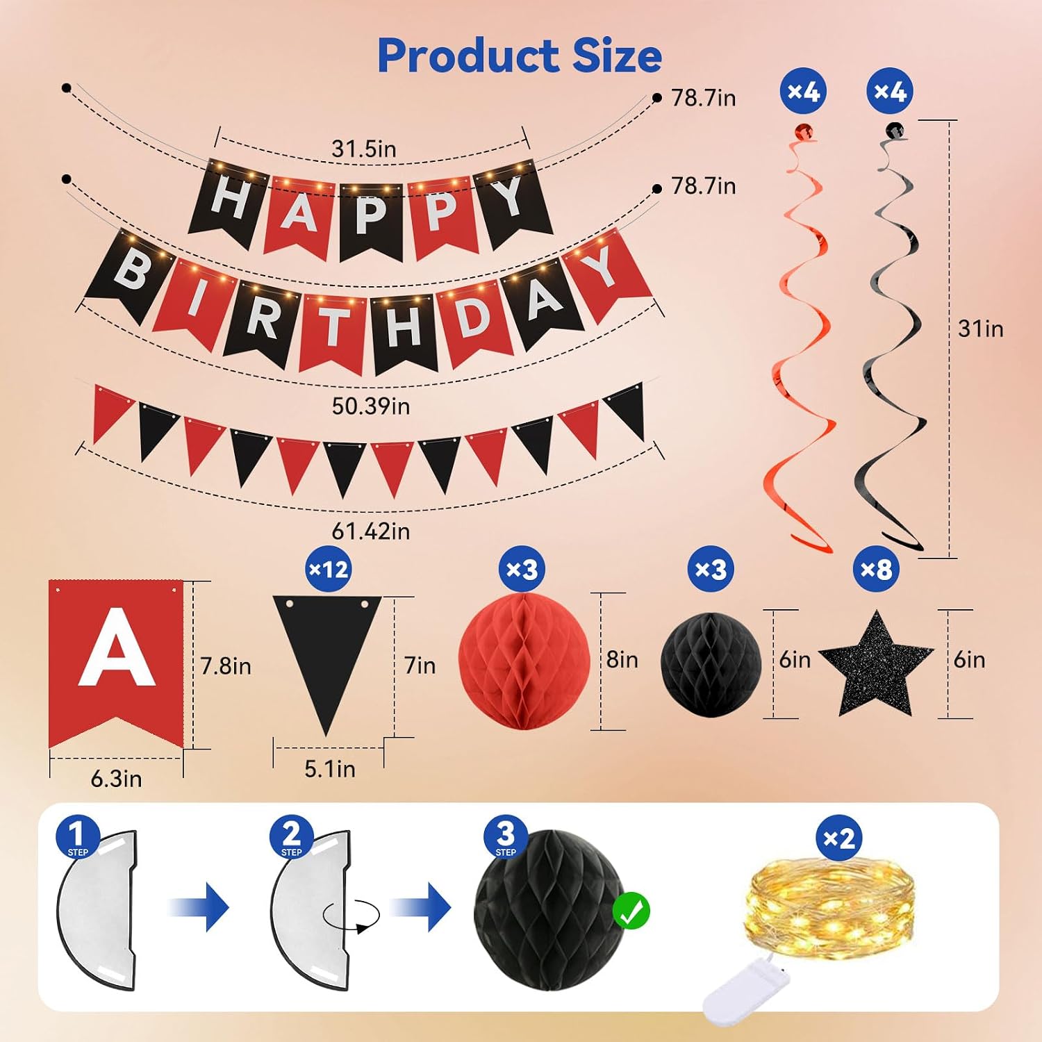 Birthday Decorations,Black Red Happy Birthday Banner with Fairy lights,Pennant Banner,Honeycomb Balls and Star Hanging Swirls Streamer Happy Birthday Party Decorations for Women Men Boys Girls