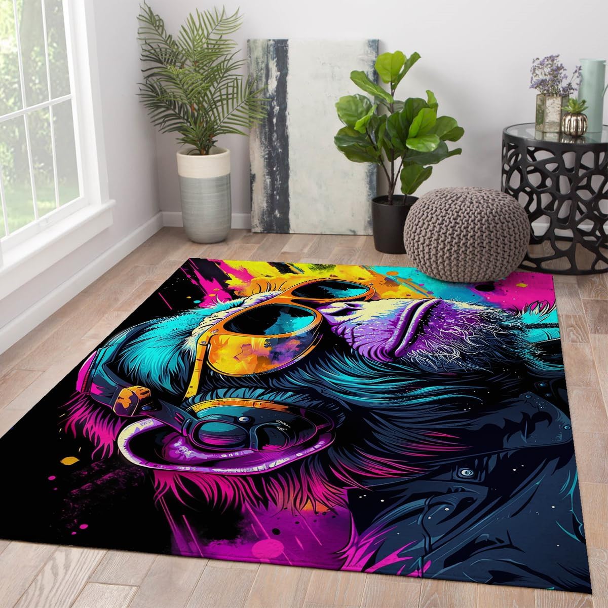 Monkey Area Rug Washable 5x9ft Colorful Graffiti Animal Modern Pop Art Low Pile Carpet for Living Room Bedroom Non-Slip Thin Floor Mat
