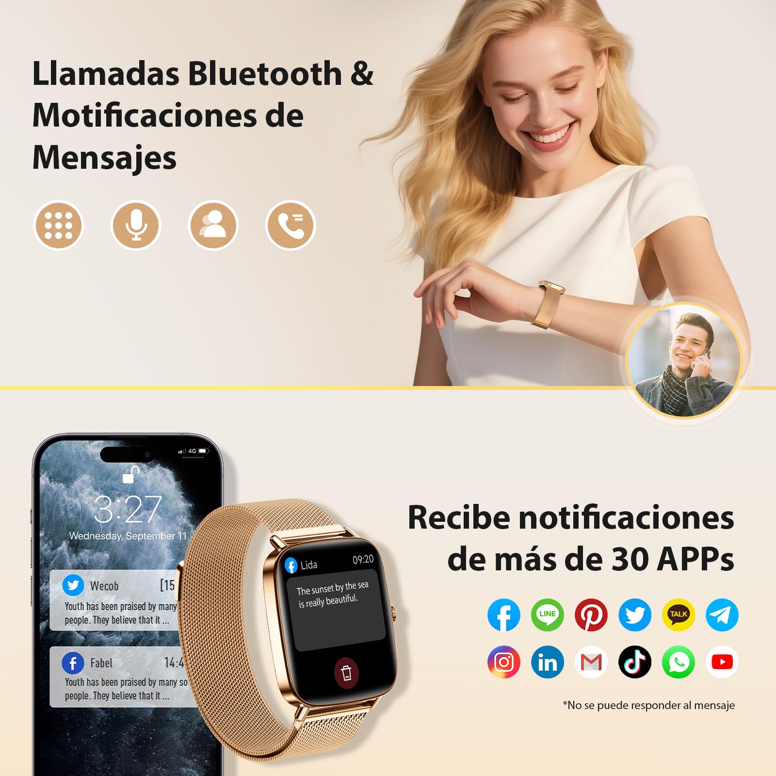 Yoever Reloj Inteligente Mujer, 1.85" Smartwatch Mujer con Llamadas y Whatsapp Notificación, SpO2/Pulsómetro/Sueño/Podómetro, 110 Modos Deporte, IP68 para Android iOS Dorado