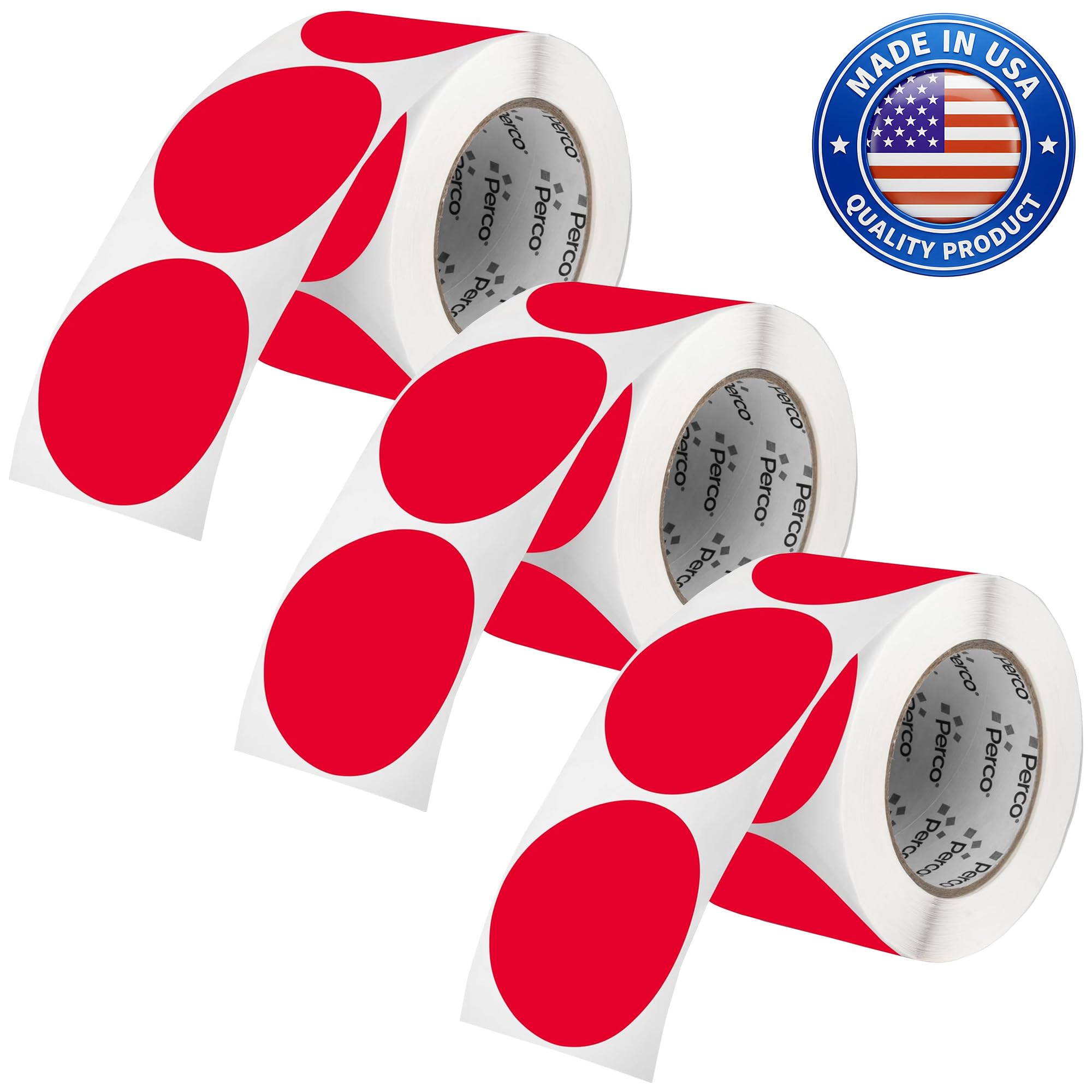 Perco Red Perforated Round Circle Dot Sticker 3-Inch Labels — 3 Rolls, 1,500 Stickers - Sale, Discount &amp; Urgent Signage, Warning Labels, High Visibility - Made in USA