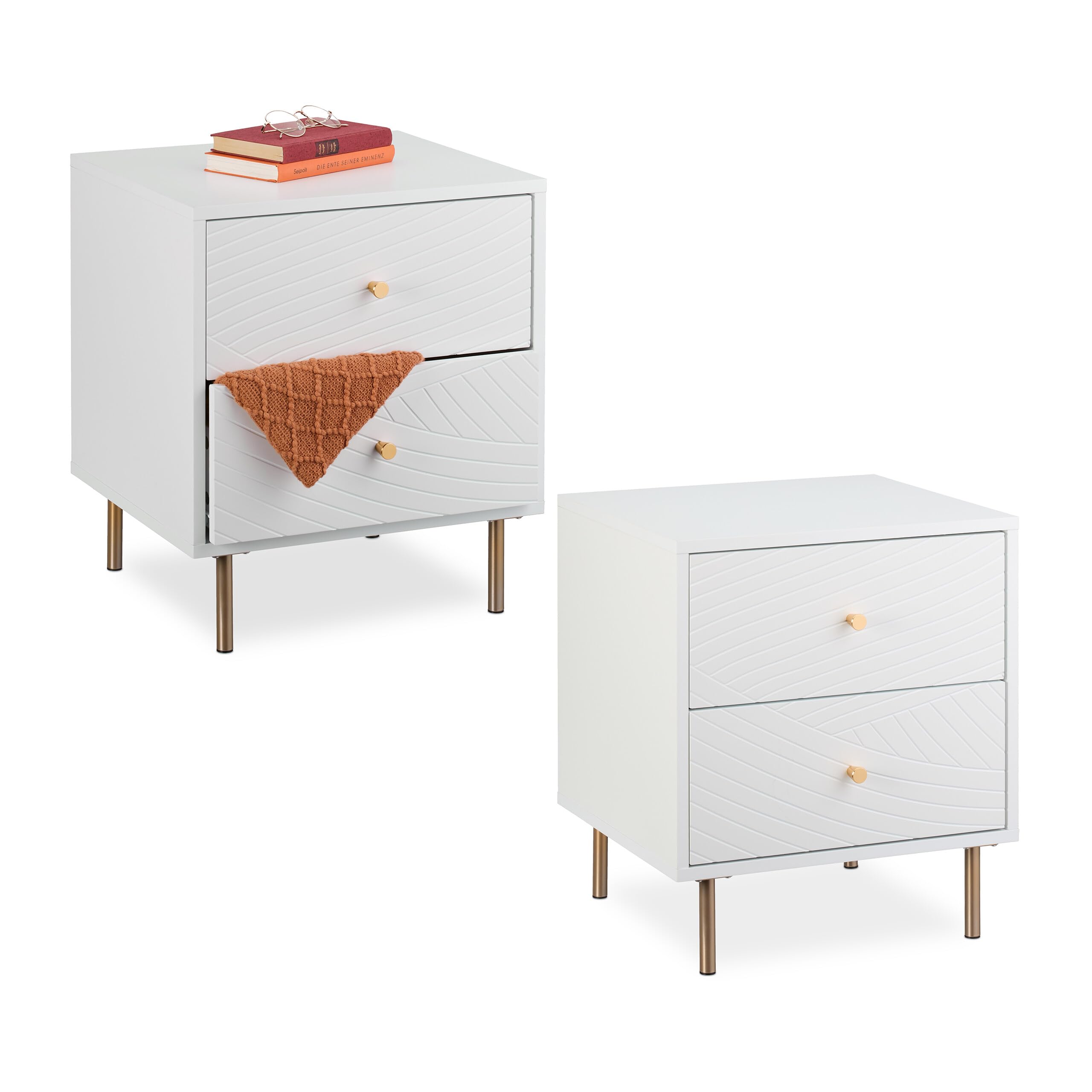 Relaxdays 2 Mesitas de Noche con 2 Cajones, Mesilla Dormitorio, Mesas Auxiliares de Cama, 52 x 45 x 40 cm, Blanco/Dorado